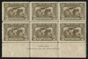 Other Pre-Decimals : 1931 (SG.139) 6d Kingsford Smith John Ash Plate 1 imprint block of 6, MUH, Cat. $375.