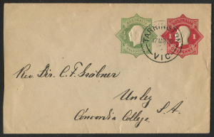 Envelopes : 1918-19 1d (Die 5) + ½d KGV 'Star' Embossed on off-white unsurfaced laid bâtonné paper, fine strike of TARRINGTON/17MR20' datestamp, addressed to Unley, SA. BW:EP15(1) - Cat. $100.