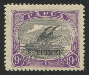 PAPUA : 1932 (SG.127s) 9d lilac & violet with seriffed 'SPECIMEN' overprint, even toned gum, above-average centring for this issue, Cat £750 (as a set of 2 with 1/3d value). Scarce.