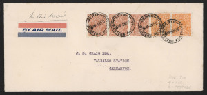 Postal History : 1930 commercial airmail cover to Yalbalgo Station, Carnarvon with attractive KGV franking of SMult P13½x12½ 5d Brown pair & single and ½d orange pair, all tied by PERTH '4NO30' datestamps. Fine condition. [The rate was 2d per oz + airmail