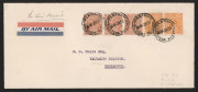 Postal History : 1930 commercial airmail cover to Yalbalgo Station, Carnarvon with attractive KGV franking of SMult P13&frac12;x12&frac12; 5d Brown pair & single and &frac12;d orange pair, all tied by PERTH '4NO30' datestamps. Fine condition. [The rate was 2d per oz + airmail