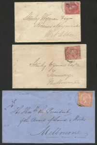 VICTORIA - Postal History : 1858-60s 4d Emblems on cover comprising Horizontally Laid Paper P.12 SG.87 on outer or on cover to Melbourne, the latter with 'CRESWICK' departure backstamp (rated 3R); also Wove Paper 4d P.12 SG.85 on 1859 ladies envelope from Melbourne to Port Albert (crown oval arrival backstamp). (3 items)