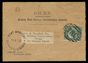 QUEENSLAND - Postal Stationery : WRAPPERS - USED IN B.N.G.: 1898 OHMS Wrapper front for the British New Guinea Government Gazette with typed address label to the Resident Commissioner at Tulagi, with Queensland ½d adhesive tied by bold strike of Lee Type 7 'B.N.G' Bars cancel, fine adjacent strike of 'PORT MORESBY/16AP97/BRITISH NEW GUINEA' datestamp. Comparison item to the previous lot showing there was a demand for Newspaper Wrappers in BNG.