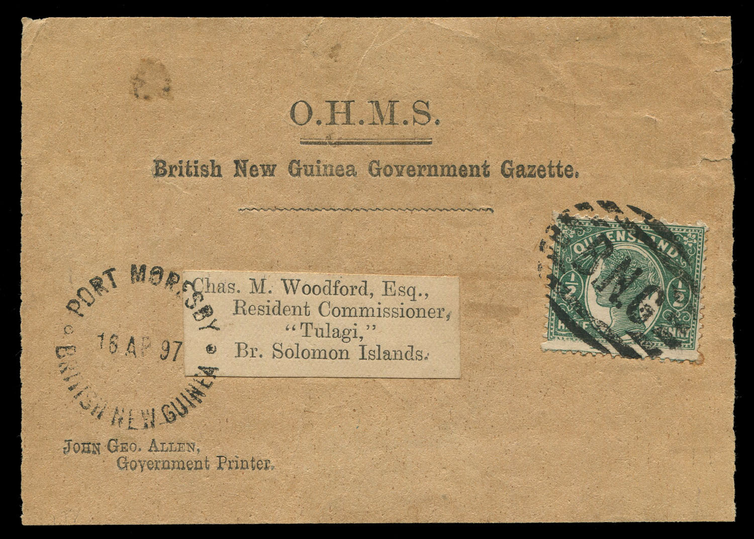 QUEENSLAND Postal Stationery WRAPPERS USED IN B.N.G. 1898 OHMS Wrapper front for the