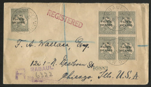 NEW GUINEA - 'N.W./PACIFIC/ISLANDS' Overprints : 1928 (Jul.19) registered cover to USA with late use of Roos 2d SG.106 well-centred block of 4 and single tied by 'RABAUL/19JL28' datestamps, Rabaul registration handstamp, appropriate backstamps including C