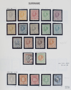 NETHERLANDS INDIES : SURINAM: 1873-1975 predominantly mint/unused collection in hingeless album with 1873-88 King William to 2g50 (2) with perf variations (ex 25c blue & 1g (2) which are used), 1900 Wilhelmina surcharge trio unused, 1902-09 ½c to 2½g unused (7½c & 22½c are used), 1909 rouletted 5c tete-beche pair used, 1911 Surcharges set of 5 unused, 1913 Long Set to 2½g mint (50c is used), 1923 Jubilee MUH, 1927 Wilhelmina set mint, thereafter reasonably complete mint incl.