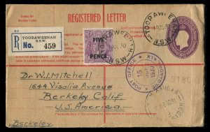 Registration Envelopes : 1930 use of 4½d KGV Oval Embossed envelope BW: RE21 uprated with KGV 5d on 4½d violet for transit to California, TOORAWEENAH datestamps (small NSW village) tying stamp & indicia, 'POST OFFICE/GILGANDRA' (superb) and 'REGISTERED/SYDNEY' transits on face, on reverse SEATTLE transit and BERKELEY arrival datestamp. Unusual combination franking.