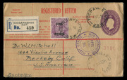 Registration Envelopes : 1930 use of 4&frac12;d KGV Oval Embossed envelope BW: RE21 uprated with KGV 5d on 4&frac12;d violet for transit to California, TOORAWEENAH datestamps (small NSW village) tying stamp & indicia, 'POST OFFICE/GILGANDRA' (superb) and 'REGISTERED/SY
