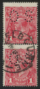 KGV Heads - Large Multiple Watermark : 1d Carmine (aniline) [G107] perf 'OS' vertical pair, 'MELBOURNE/1FE1923' datestamp, BW:74Db - extrapolated Cat. $600. Fine example. Starling Certificate (2016).