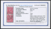 KGV Heads - Large Multiple Watermark : 1d Carmine (aniline) [G107] perf 'OS' vertical pair, 'MELBOURNE/1FE1923' datestamp, BW:74Db - extrapolated Cat. $600. Fine example. Starling Certificate (2016). - 2