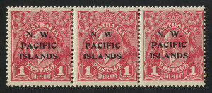 NEW GUINEA - 'N.W./PACIFIC/ISLANDS' Overprints : 1918-22 (SG.103/103b) KGV 1d Carmine-Red Fifth Setting Die I-II-II strip of 3, perf reinforcements, fine mint, Cat. £220++.