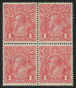 KGV Heads - Single Watermark : 1d Rose [G21] block of 4, MLH plus 1d Rose-Carmine [G22] block of 6 (3x2, perf separations at right), lower units MUH; BW: 71K & 71L - Cat. $425+. Each block with 2018 Drury Certificates.
