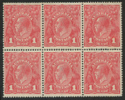 KGV Heads - Single Watermark : 1d Rose [G21] block of 4, MLH plus 1d Rose-Carmine [G22] block of 6 (3x2, perf separations at right), lower units MUH; BW: 71K & 71L - Cat. $425+. Each block with 2018 Drury Certificates. - 2