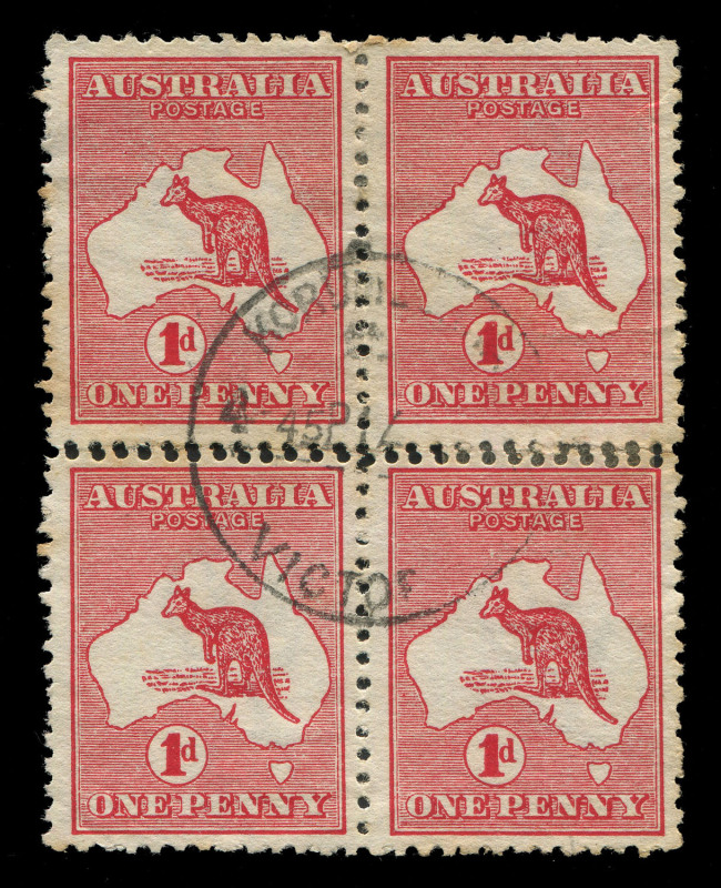 Kangaroos - First Watermark : 1d Red Die I block with DOUBLE PERFS horizontally between stamps, hinge reinforcement, KORRUMBURRA (Vic) centrally struck datestamp; BW: 2b - Cat $650+.