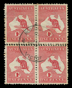 Kangaroos - First Watermark : 1d Red Die I block with DOUBLE PERFS horizontally between stamps, hinge reinforcement, KORRUMBURRA (Vic) centrally struck datestamp; BW: 2b - Cat $650+.