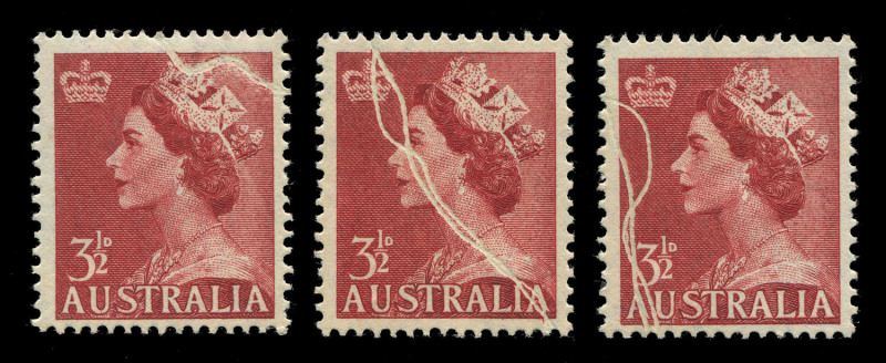 Other Pre-Decimals : 1953-56 (SG.262a) QEII 3½d Brown-Red (3) all with pre-printing paper wrinkling "Threadworm" flaws, one stamp with stain on gum, MUH. Visually impressive varieties.