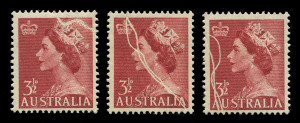 Other Pre-Decimals : 1953-56 (SG.262a) QEII 3½d Brown-Red (3) all with pre-printing paper wrinkling "Threadworm" flaws, one stamp with stain on gum, MUH. Visually impressive varieties.
