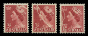 Other Pre-Decimals : 1953-56 (SG.262a) QEII 3½d Brown-Red (3) all with pre-printing paper wrinkling "Threadworm" flaws, one stamp with stain on gum, MUH. Visually impressive varieties.