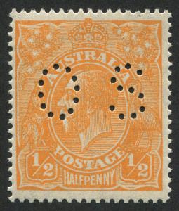 KGV Heads - Small Multiple Watermark Perf 14 : ½d Orange perf. 'OS', well centred for this issue, MUH; BW: 67ba - Cat. $675.