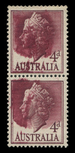 Other Pre-Decimals : 1955-57 (SG.283a) QEII 4d Lake vertical pair with dramatic "Over-inking flaws" particularly the upper unit with the lettering and lower frameline affected and heavy inking over the Queen's head. Impressive transient flaw.