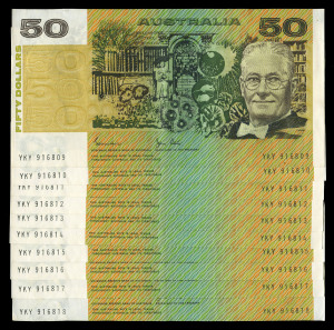 Decimal B/notes:Fifty Dollars : 1983 Johnston/Stone 'YKY' prefix banknotes (18), comprises consecutive runs YKY916809-916818 & 916823-916829 plus non-consecutive note YKY916821; barely discernible central folds, EF; Renniks: R507 - Cat. $2,700.