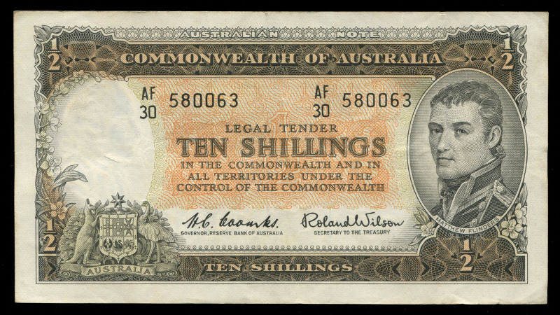 Pre-Decimal Banknotes : 1961 Coombs/Wilson 10/- banknotes (9), comprising consecutive runs AF30/580063-580068 & AF47/222418-222419, plus non-consecutive note AF47/222416; VF/EF; Renniks: R17.