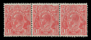 KGV Heads - Small Multiple Watermark Perf 13½ x 12½ : 1½d Pink strip of 3 [2L58-60], the centre unit variety "Void top right corner" [2L59], light pencil annotations on gum MUH. Rare variety in this shade, BW: 92C(2)g - extrapolated Cat. $1500+.