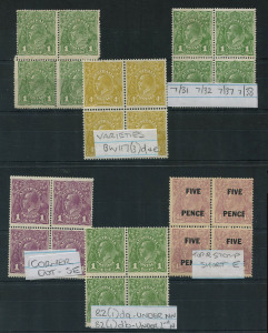 KGV Heads - Collections & Accumulations : Mostly mint blocks of 4 selection with Single Wmk 1d Violet with varieties "White Spot in SE corner" & "Run 'N'" [VIII/54 & 60], 1d Green block of 4 with three listed flaws (gum toning), 3d Blue Die I (no gum) blo