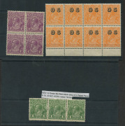 KGV Heads - Collections & Accumulations : Mostly mint blocks of 4 selection with Single Wmk 1d Violet with varieties "White Spot in SE corner" & "Run 'N'" [VIII/54 & 60], 1d Green block of 4 with three listed flaws (gum toning), 3d Blue Die I (no gum) blo - 3