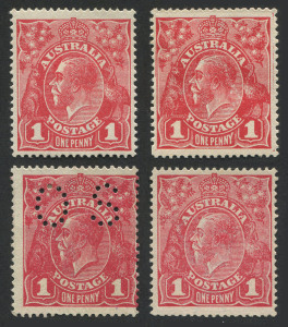 KGV Heads - Single Watermark : 1d Red mint group comprising Smooth Paper 1d Carmine-Red [G10] INVERTED WATERMARK mint, and normal watermark MUH, Rough Paper 1d Rose-Red (aniline) [G63] unused, 1d Carmine-Red [G73] perf 'OS' unused; Cat $160, each stamp wi