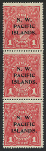 NEW GUINEA - 'N.W./PACIFIC/ISLANDS' Overprints : 1915-16 (SG.67a) 1d Dull Red abc strip of 3 [VIII/8, 14, 20], the centre unit variety "Thin 'ONE PENNY'", fine mint. Starling Certificate (2018)