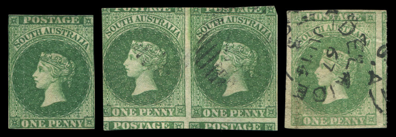 SOUTH AUSTRALIA : 1855-70 selection mostly used on Hagner with imperf London Printing 1d Green apparently unused (vertical crease, negligible margins, with gum), plus a single and miscut pair used, 6d Deep Blue (2, both close-cut complete margins), Adelai