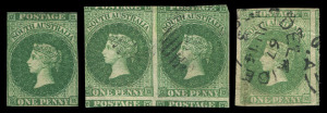 SOUTH AUSTRALIA : 1855-70 selection mostly used on Hagner with imperf London Printing 1d Green apparently unused (vertical crease, negligible margins, with gum), plus a single and miscut pair used, 6d Deep Blue (2, both close-cut complete margins), Adelaide Printing 2d (4), 1858-59 First Roulettes 1d yellow-green (trimmed roulettes, small fault) unused and a nice 1/- orange used, Second Roulettes 1d (3) including oversized 1d dull blue-green, 2d pale red unused, 4d violet, 6d, & 1/- brown,