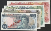 BANKNOTES - World : JERSEY: 1978 &pound;1, &pound;5, &pound;10 & &pound;20 set of 'SPECIMEN' banknotes each numbered '007085', a/UNC.