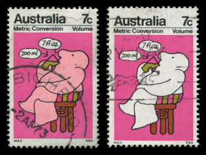 1973 (SG.533) Metric Conversion 7c Volume error "Pink omitted" (carton character's body colouring), postally used, with normal stamp for comparison. Offered "as is" with extension facilities available; BW: 623c - Cat. $1500 mint, unpriced used. Brusden White states "used examples of this error are known."