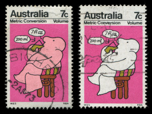 1973 (SG.533) Metric Conversion 7c Volume error "Pink omitted" (carton character's body colouring), postally used, with normal stamp for comparison. Offered "as is" with extension facilities available; BW: 623c - Cat. $1500 mint, unpriced used. Brusden W