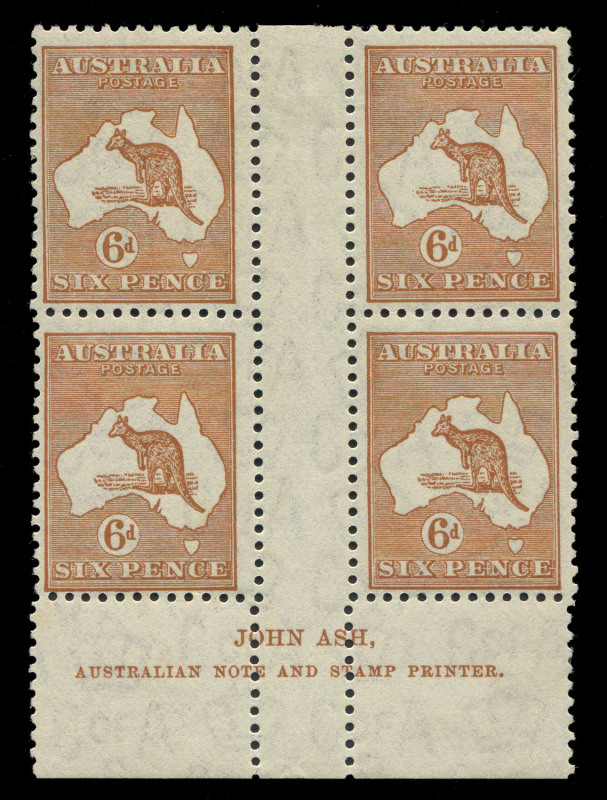 Kangaroos - CofA Watermark : 6d Chestnut Ash ('N' over 'N') Imprint block of 4 with variety "White hairline from value circle to map" [3L54], lightly mounted in upper gutter, stamps MUH, BW: 23z - Cat. $550+.