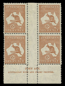 Kangaroos - CofA Watermark : 6d Chestnut Ash ('N' over 'N') Imprint block of 4 with variety "White hairline from value circle to map" [3L54], lightly mounted in upper gutter, stamps MUH, BW: 23z - Cat. $550+.