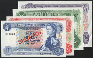 BANKNOTES - World : MAURITIUS:1978 5R, 10R, 25R & 50R set of 'SPECIMEN' banknotes each numbered '007073', a/UNC.
