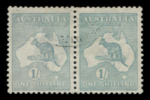 Kangaroos - Third Watermark : 1/- Pale Blue-Green Die II WATERMARK INVERTED horizontal pair, few nibbed perfs, very lightly cancelled, BW:32a - Cat. $550+.