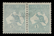 Kangaroos - Third Watermark : 1/- Pale Blue-Green Die II WATERMARK INVERTED horizontal pair, few nibbed perfs, very lightly cancelled, BW:32a - Cat. $550+.