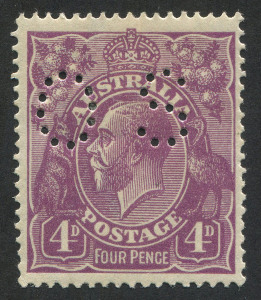 KGV Heads - Single Watermark : 4d Violet perforated 'OS' variety "White spot over 'AL' of 'AUSTRALIA" [1R57], well centred, fine mint, BW:111b(1)p - extrapolated Cat. $950+.