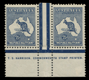 Kangaroos - Third Watermark : 2½d Indigo Plate 1 Harrison one-line imprint pair, right-hand unit [R55] variety "Heavy coastline to WA", storage-related tone banding on gum, fresh frontal appearance, hinged in central gutter, stamps MUH, BW:11(1)ze - Cat.