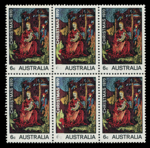 Decimal Issues : 1970 (SG.475) 6c Christmas block of 6 (3x2), centre units error "Black colour largely missing" ('6c' partially, and all of the background colour to 'CHRISTMAS 1970'), variety units MUH. Impressive error worthy of catalogue recognition.