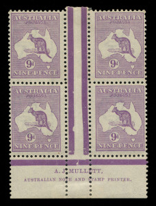 Kangaroos - Third Watermark : 9d Violet Die IIB Mullett imprint block of 4, some storage-related tone banding on gum, hinged in upper gutter (stamps just touched), lower units MUH; BW: 27(4)zd - Cat. $1100+.