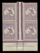 Kangaroos - Third Watermark : 9d Violet Die IIB Mullett imprint block of 4, some storage-related tone banding on gum, hinged in upper gutter (stamps just touched), lower units MUH; BW: 27(4)zd - Cat. $1100+.