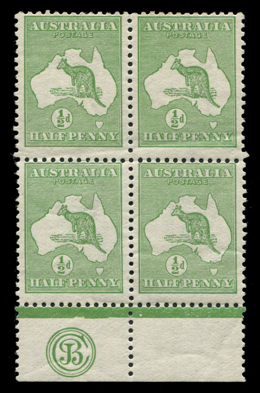 Kangaroos - First Watermark : ½d Green 'JBC' Monogram block of 4, light gum bends & mild storage-related tone banding, lower units MUH, BW:1(2)zc - Cat.$1200 (as a corner strip of 3)