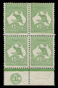Kangaroos - First Watermark : &frac12;d Green 'JBC' Monogram block of 4, light gum bends & mild storage-related tone banding, lower units MUH, BW:1(2)zc - Cat.$1200 (as a corner strip of 3)
