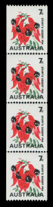 Decimal Issues : 1970-75 (SG.468bb) 7c Sturt's Desert Pea coil strip of 4, all units with error "Buff omitted" (shadows on flowers), very fresh MUH, BW:535ce - Cat.$1200+ (SG Cat. £900+). RPSofV Certificate (2001).