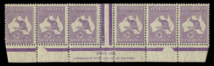 Kangaroos - CofA Watermark : 9d Violet Die IIB Plate 3 (First State) Ash imprint a strip of 6, with variety "Vertical white scratch over second 'N' of 'NINE'" [3L59], mild even toned gum, full perfs, MLH, BW: 29(3)z - Cat. $650 (as an imprint block of 4)